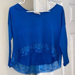 Abercrombie & Fitch High Low Lace Hem Blue 3/4 Sleeve Boat Neck Cropped XS